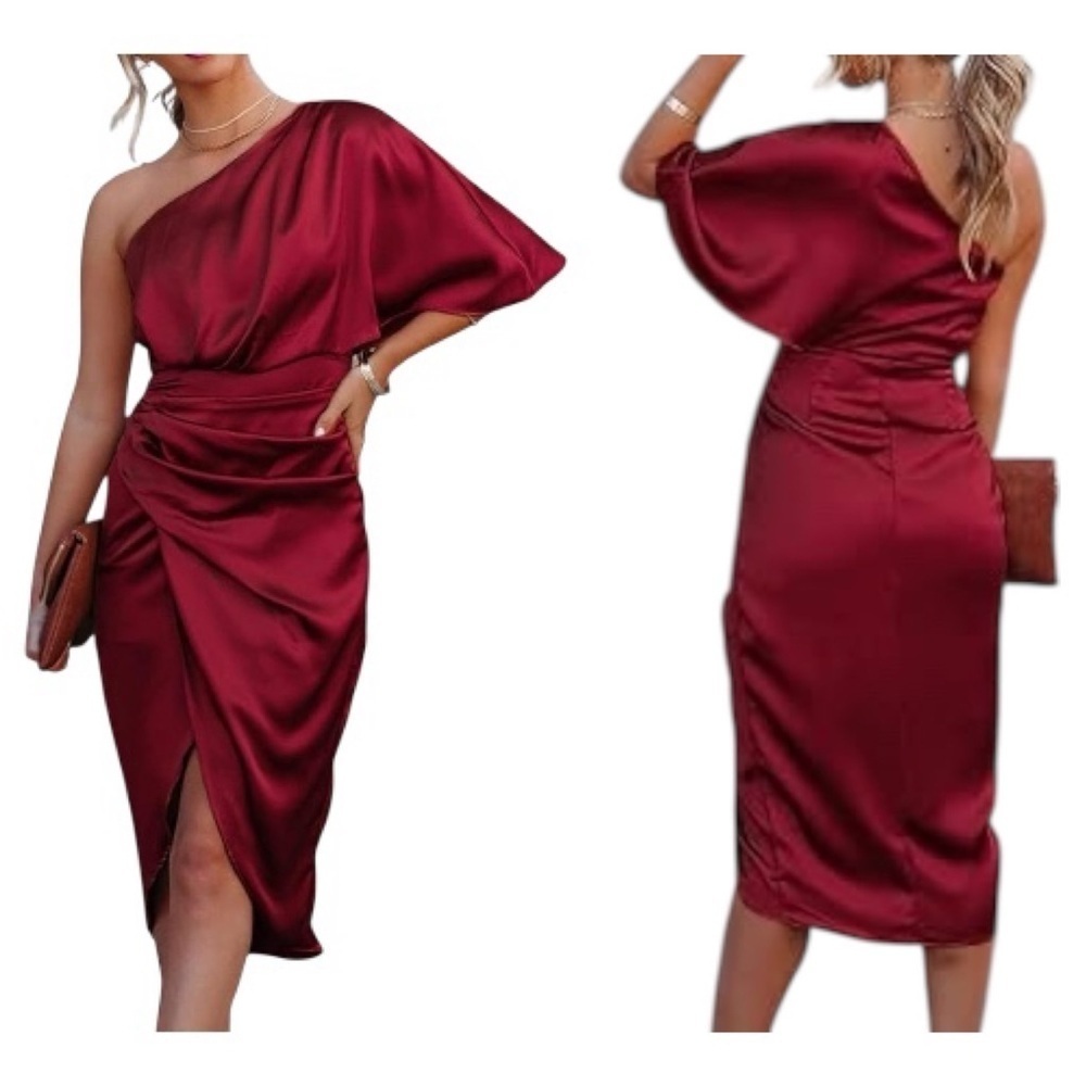 NWT! Cupshe Burgundy Red Satin Ruched One-Shoulder Cocktail Dress. Size Large.